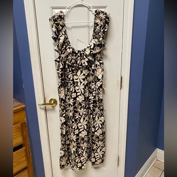 NWT Ava & Viv Midi Dress Floral Linen Blend Smocked Sleeveless Ruffle Size 1X - Picture 2 of 9